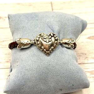 Vintage Brighton Silver Heart Bracelet with Brown Leather Braided Adjustable  ♥️